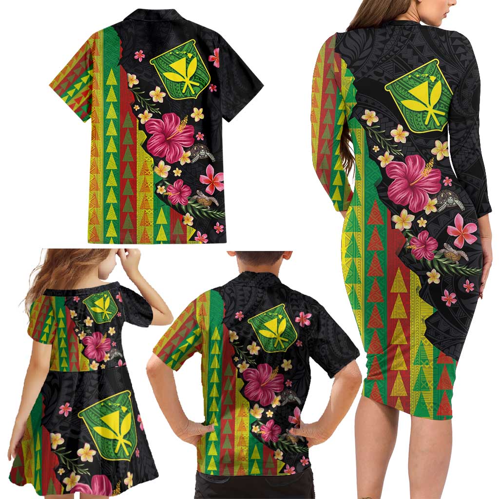 Hawaiian Independence Day Family Matching Long Sleeve Bodycon Dress and Hawaiian Shirt Kanaka Maoli Symbols With Tapa Motifs and Tropical Plants LT03 - Polynesian Pride