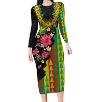Hawaiian Independence Day Family Matching Long Sleeve Bodycon Dress and Hawaiian Shirt Kanaka Maoli Symbols With Tapa Motifs and Tropical Plants LT03 Mom's Dress Black - Polynesian Pride