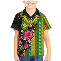 Hawaiian Independence Day Family Matching Mermaid Dress and Hawaiian Shirt Kanaka Maoli Symbols With Tapa Motifs and Tropical Plants LT03 Son's Shirt Black - Polynesian Pride