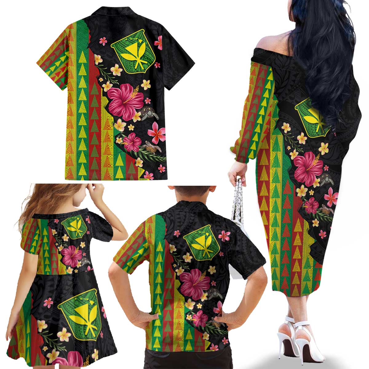 Hawaiian Independence Day Family Matching Off The Shoulder Long Sleeve Dress and Hawaiian Shirt Kanaka Maoli Symbols With Tapa Motifs and Tropical Plants LT03 - Polynesian Pride