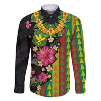 Hawaiian Independence Day Family Matching Off The Shoulder Long Sleeve Dress and Hawaiian Shirt Kanaka Maoli Symbols With Tapa Motifs and Tropical Plants LT03 Dad's Shirt - Long Sleeve Black - Polynesian Pride