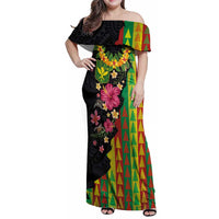 Hawaiian Independence Day Family Matching Off Shoulder Maxi Dress and Hawaiian Shirt Kanaka Maoli Symbols With Tapa Motifs and Tropical Plants LT03 Mom's Dress Black - Polynesian Pride