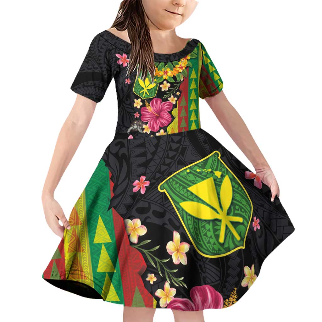 Hawaiian Independence Day Family Matching Off Shoulder Short Dress and Hawaiian Shirt Kanaka Maoli Symbols With Tapa Motifs and Tropical Plants LT03 Daughter's Dress Black - Polynesian Pride