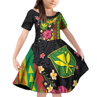 Hawaiian Independence Day Family Matching Off Shoulder Short Dress and Hawaiian Shirt Kanaka Maoli Symbols With Tapa Motifs and Tropical Plants LT03 Daughter's Dress Black - Polynesian Pride