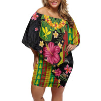 Hawaiian Independence Day Family Matching Off Shoulder Short Dress and Hawaiian Shirt Kanaka Maoli Symbols With Tapa Motifs and Tropical Plants LT03 Mom's Dress Black - Polynesian Pride