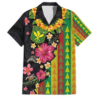 Hawaiian Independence Day Family Matching Puletasi and Hawaiian Shirt Kanaka Maoli Symbols With Tapa Motifs and Tropical Plants LT03 Dad's Shirt - Short Sleeve Black - Polynesian Pride