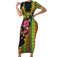 Hawaiian Independence Day Family Matching Short Sleeve Bodycon Dress and Hawaiian Shirt Kanaka Maoli Symbols With Tapa Motifs and Tropical Plants LT03 Mom's Dress Black - Polynesian Pride