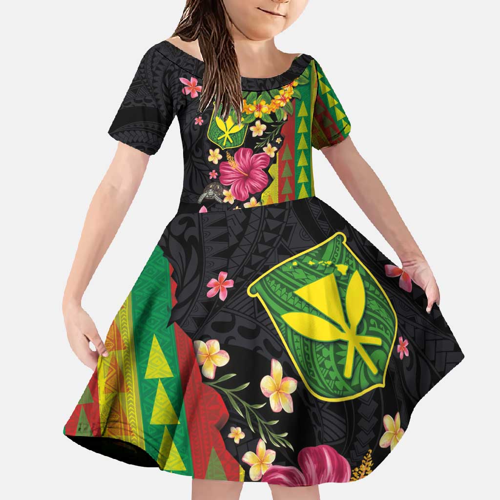 Hawaiian Independence Day Family Matching Summer Maxi Dress and Hawaiian Shirt Kanaka Maoli Symbols With Tapa Motifs and Tropical Plants LT03 Daughter's Dress Black - Polynesian Pride