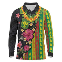 Hawaiian Independence Day Long Sleeve Polo Shirt Kanaka Maoli Symbols With Tapa Motifs and Tropical Plants LT03 Black - Polynesian Pride