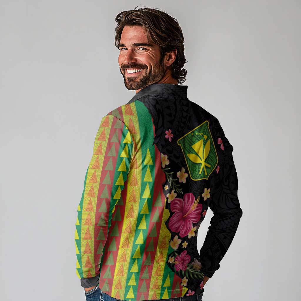 Hawaiian Independence Day Long Sleeve Polo Shirt Kanaka Maoli Symbols With Tapa Motifs and Tropical Plants LT03 - Polynesian Pride