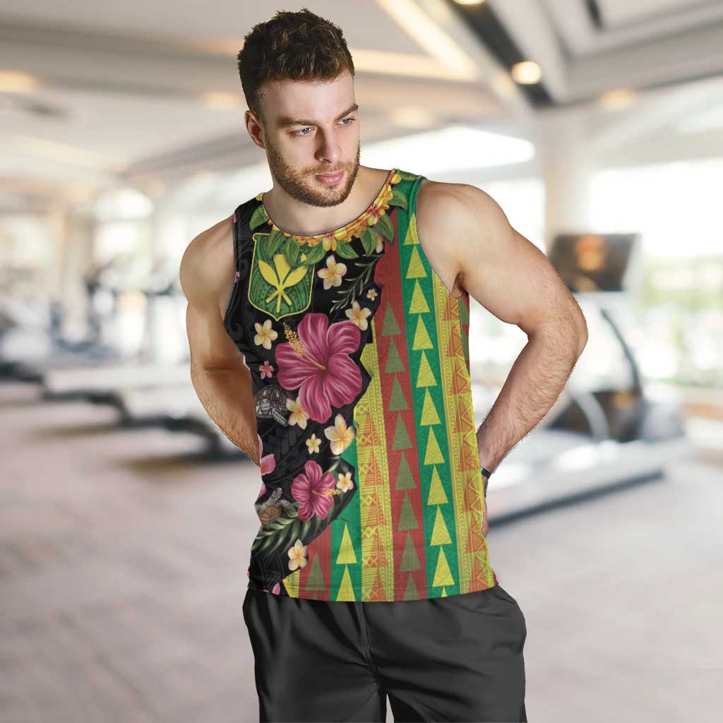 Hawaiian Independence Day Men Tank Top Kanaka Maoli Symbols With Tapa Motifs and Tropical Plants - Polynesian Pride