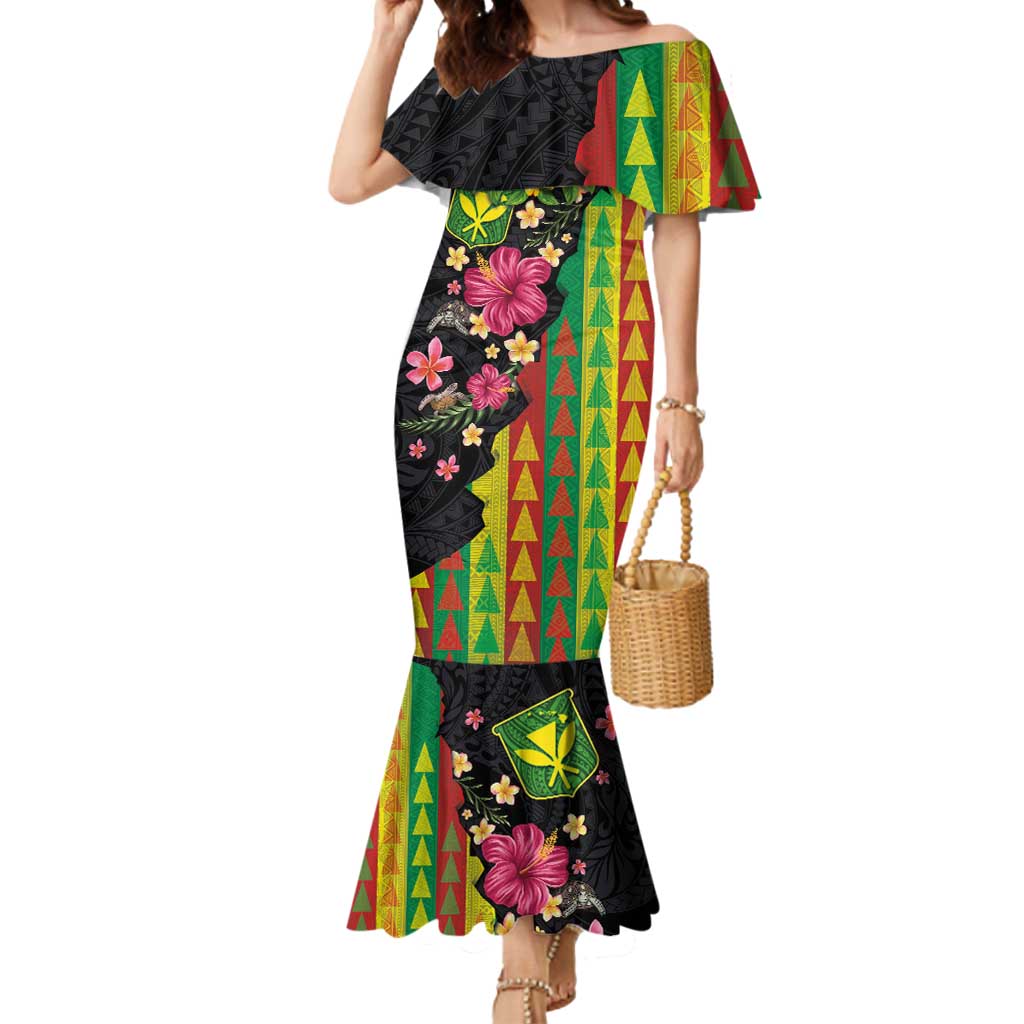 Hawaiian Independence Day Mermaid Dress Kanaka Maoli Symbols With Tapa Motifs and Tropical Plants LT03 Women Black - Polynesian Pride