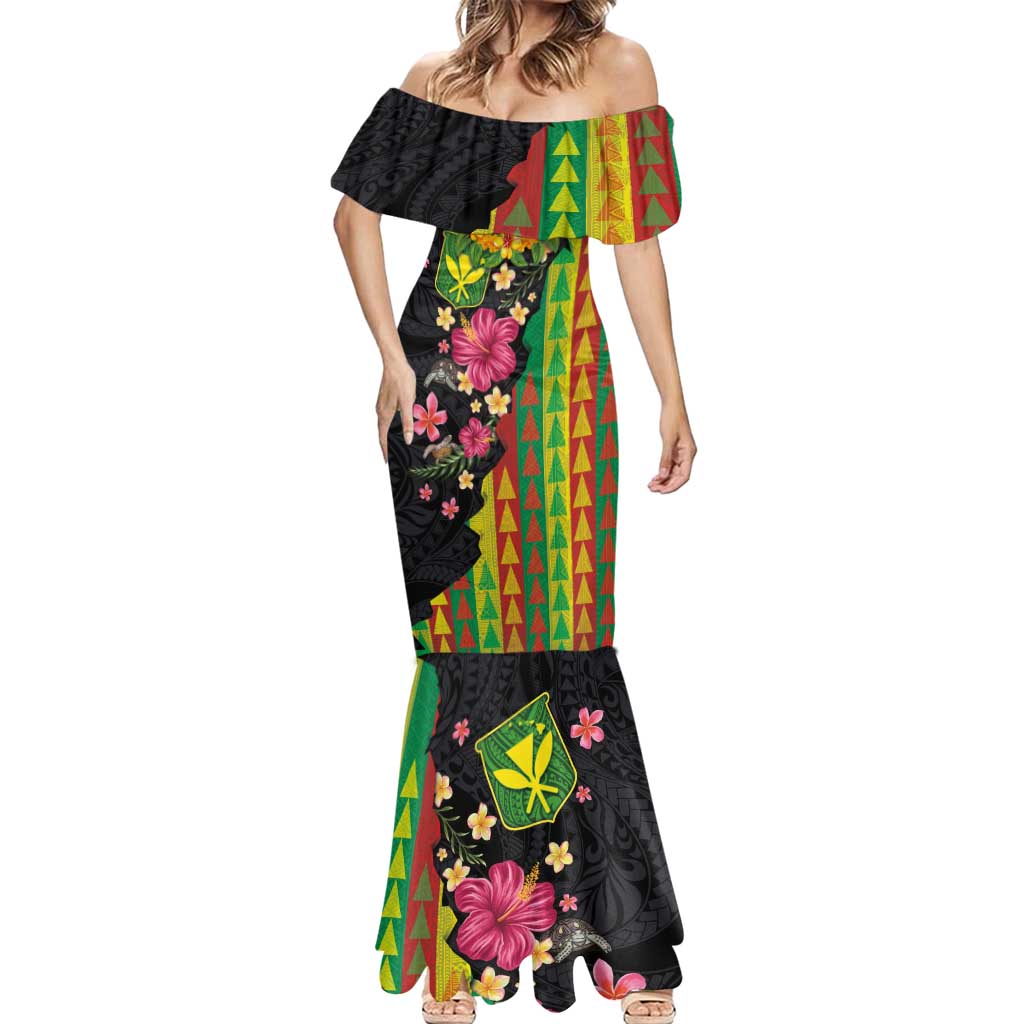 Hawaiian Independence Day Mermaid Dress Kanaka Maoli Symbols With Tapa Motifs and Tropical Plants LT03 - Polynesian Pride