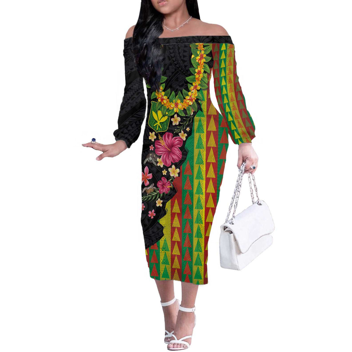 Hawaiian Independence Day Off The Shoulder Long Sleeve Dress Kanaka Maoli Symbols With Tapa Motifs and Tropical Plants LT03 Women Black - Polynesian Pride