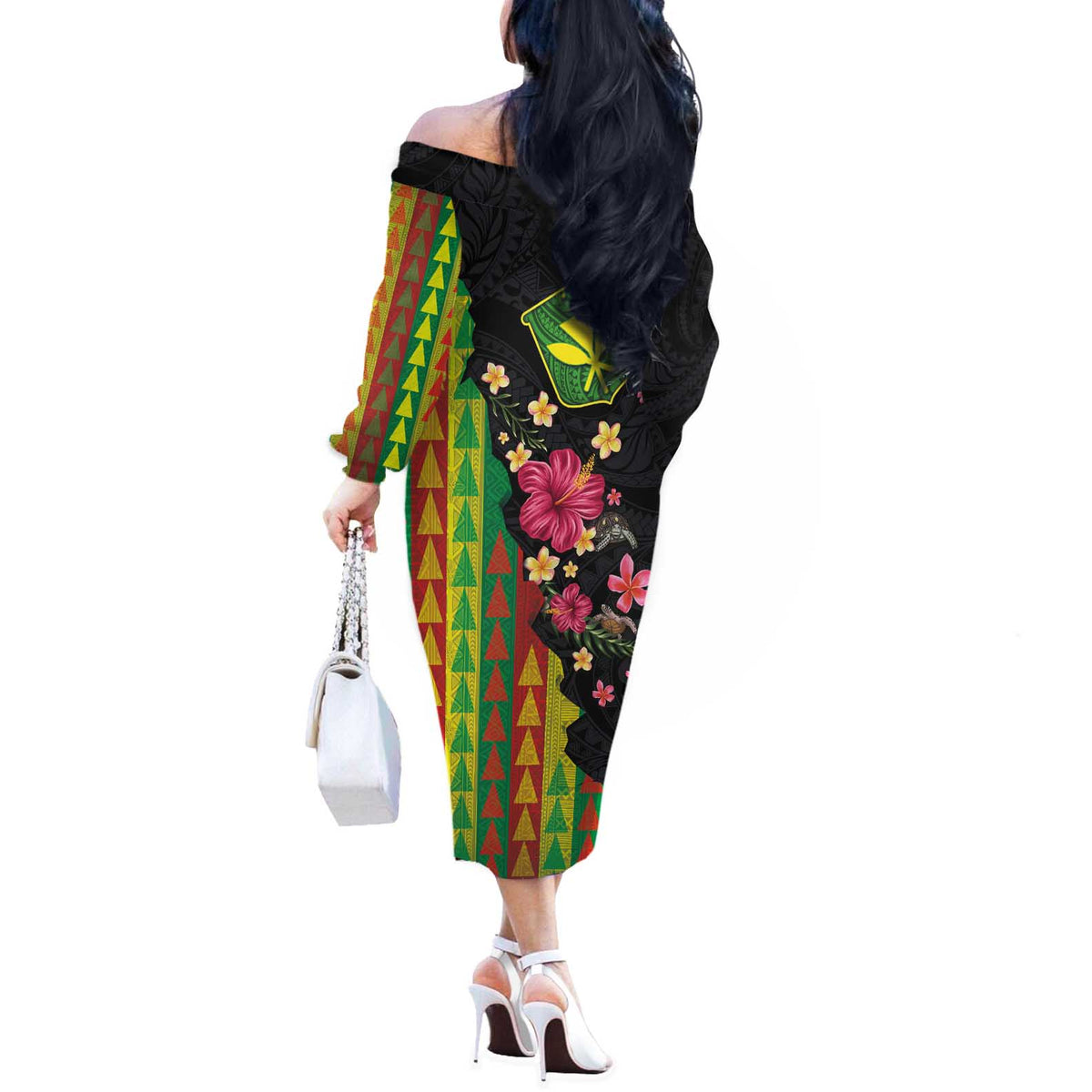 Hawaiian Independence Day Off The Shoulder Long Sleeve Dress Kanaka Maoli Symbols With Tapa Motifs and Tropical Plants LT03 - Polynesian Pride