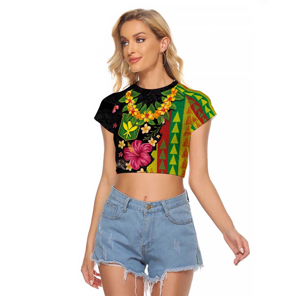 Hawaiian Independence Day Raglan Cropped T Shirt Kanaka Maoli Symbols With Tapa Motifs and Tropical Plants - Polynesian Pride