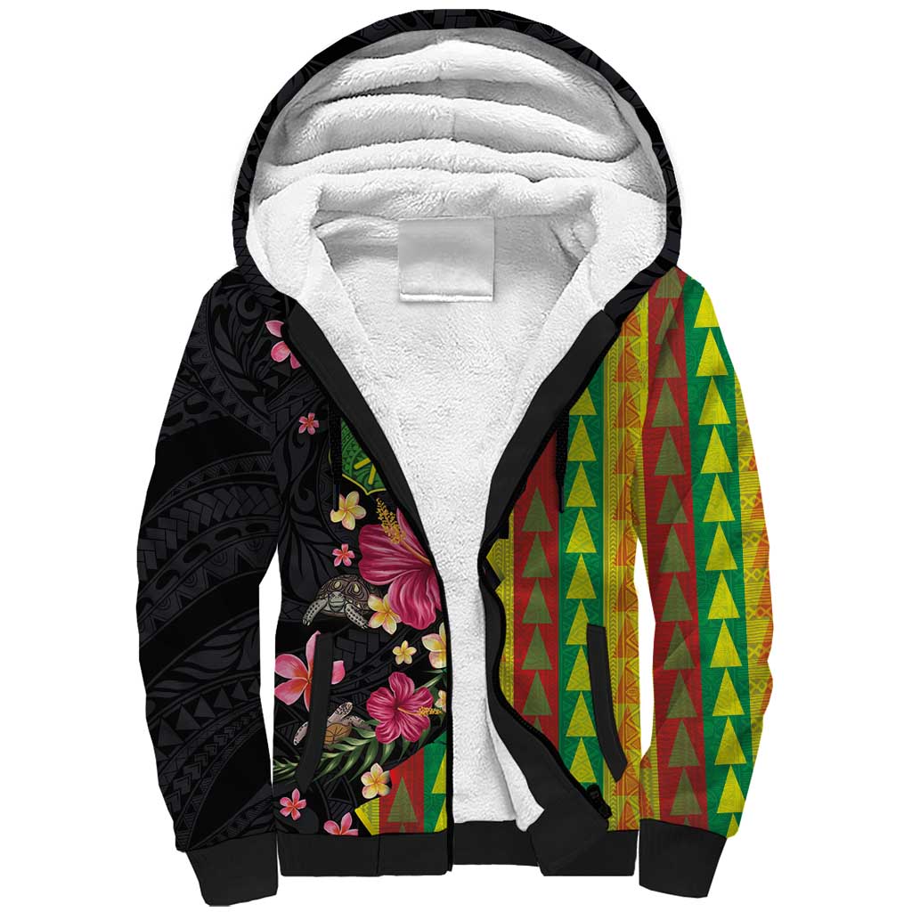 Hawaiian Independence Day Sherpa Hoodie Kanaka Maoli Symbols With Tapa Motifs and Tropical Plants LT03 Unisex Black - Polynesian Pride