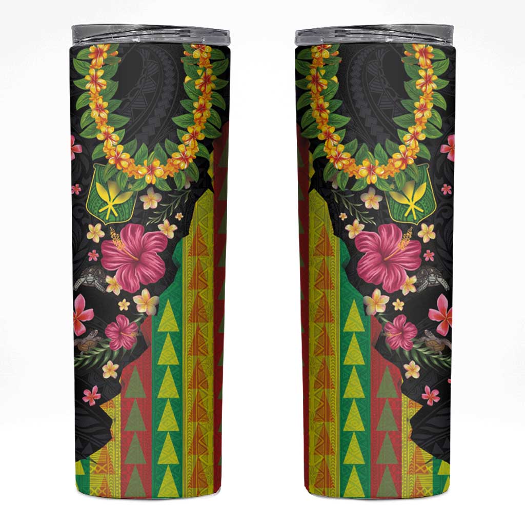 Hawaiian Independence Day Skinny Tumbler Kanaka Maoli Symbols With Tapa Motifs and Tropical Plants LT03 Black - Polynesian Pride