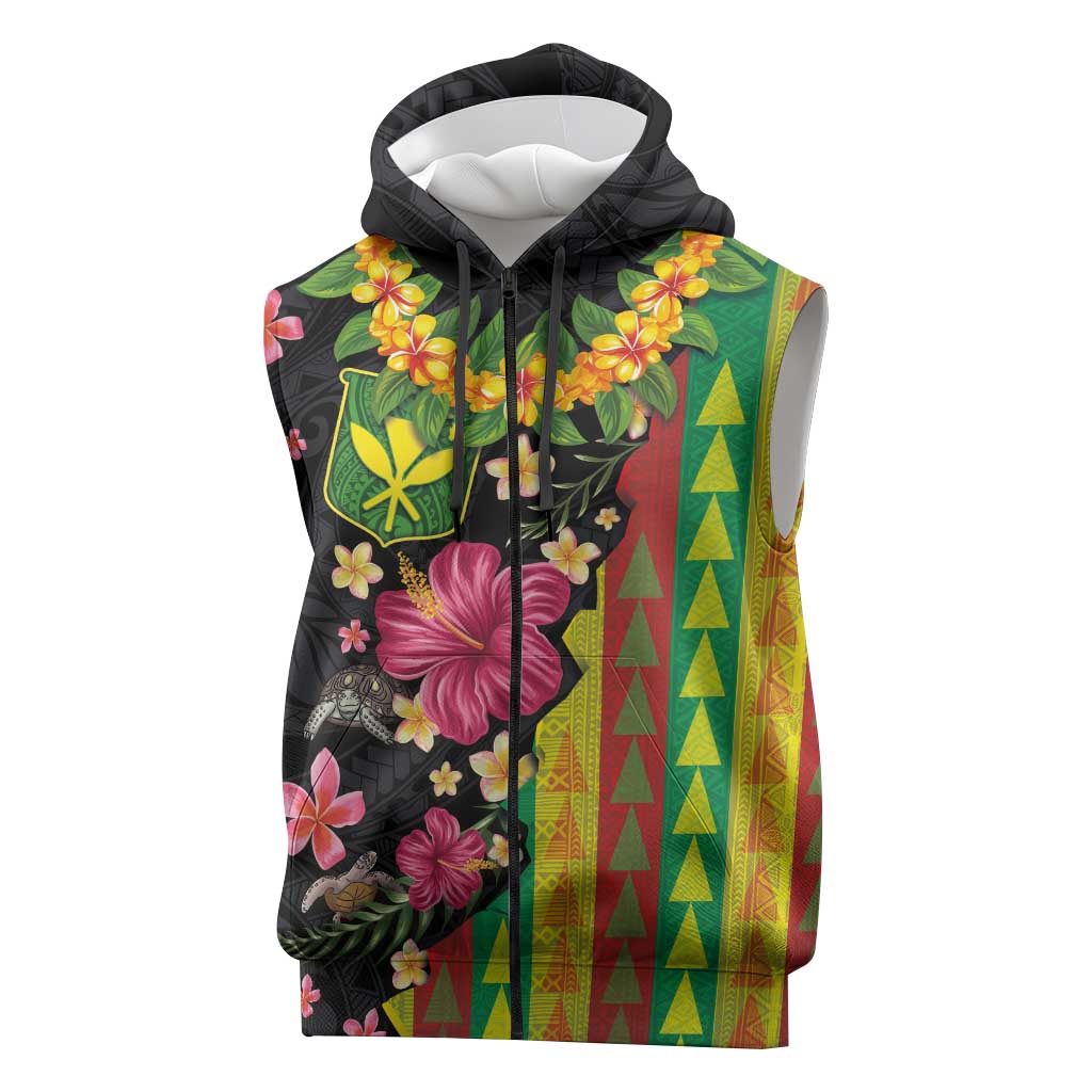 Hawaiian Independence Day Sleeveless Zip Hoodie Kanaka Maoli Symbols With Tapa Motifs and Tropical Plants LT03 Black - Polynesian Pride