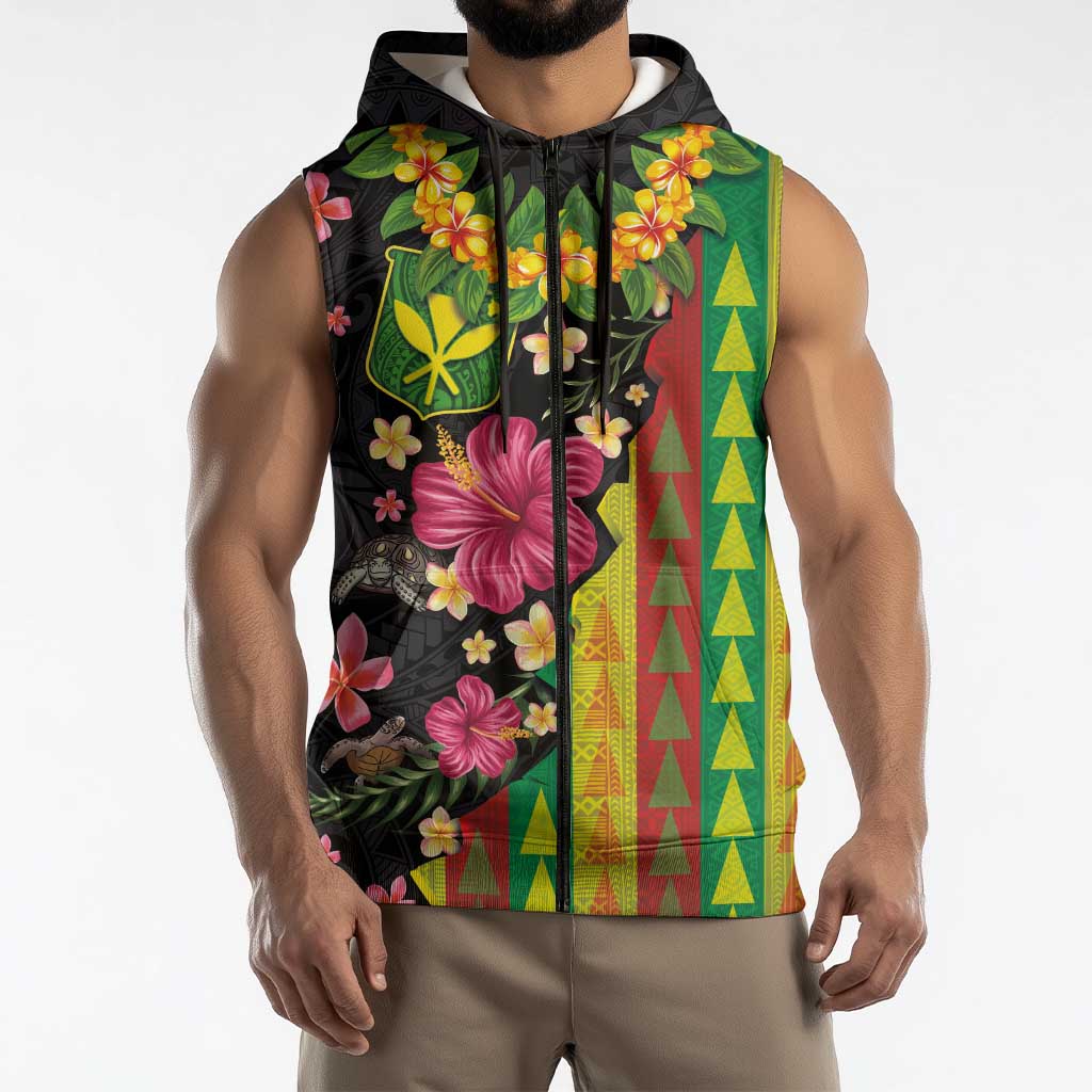 Hawaiian Independence Day Sleeveless Zip Hoodie Kanaka Maoli Symbols With Tapa Motifs and Tropical Plants LT03 - Polynesian Pride