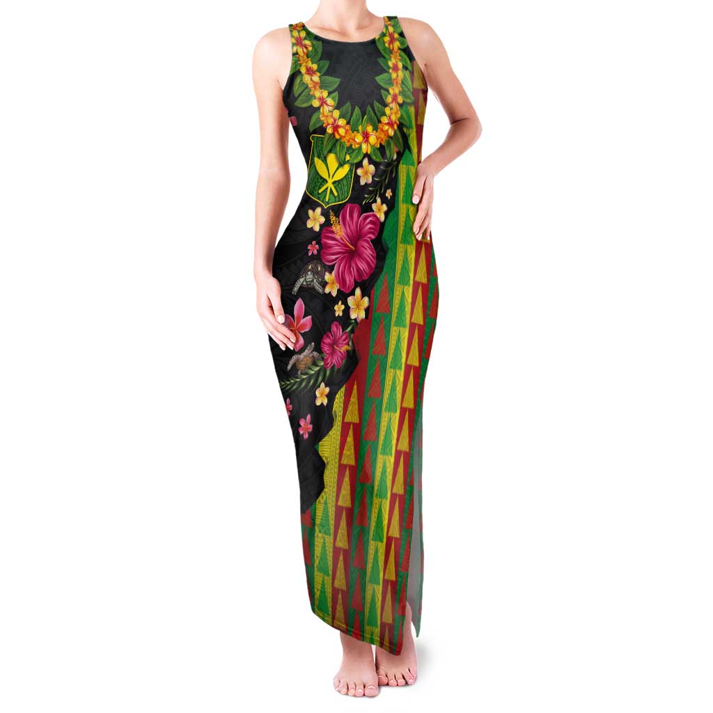 Hawaiian Independence Day Tank Maxi Dress Kanaka Maoli Symbols With Tapa Motifs and Tropical Plants LT03 Women Black - Polynesian Pride