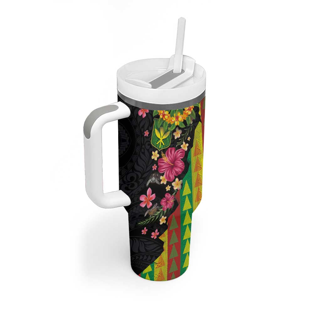 Hawaiian Independence Day Tumbler With Handle Kanaka Maoli Symbols With Tapa Motifs and Tropical Plants - Polynesian Pride