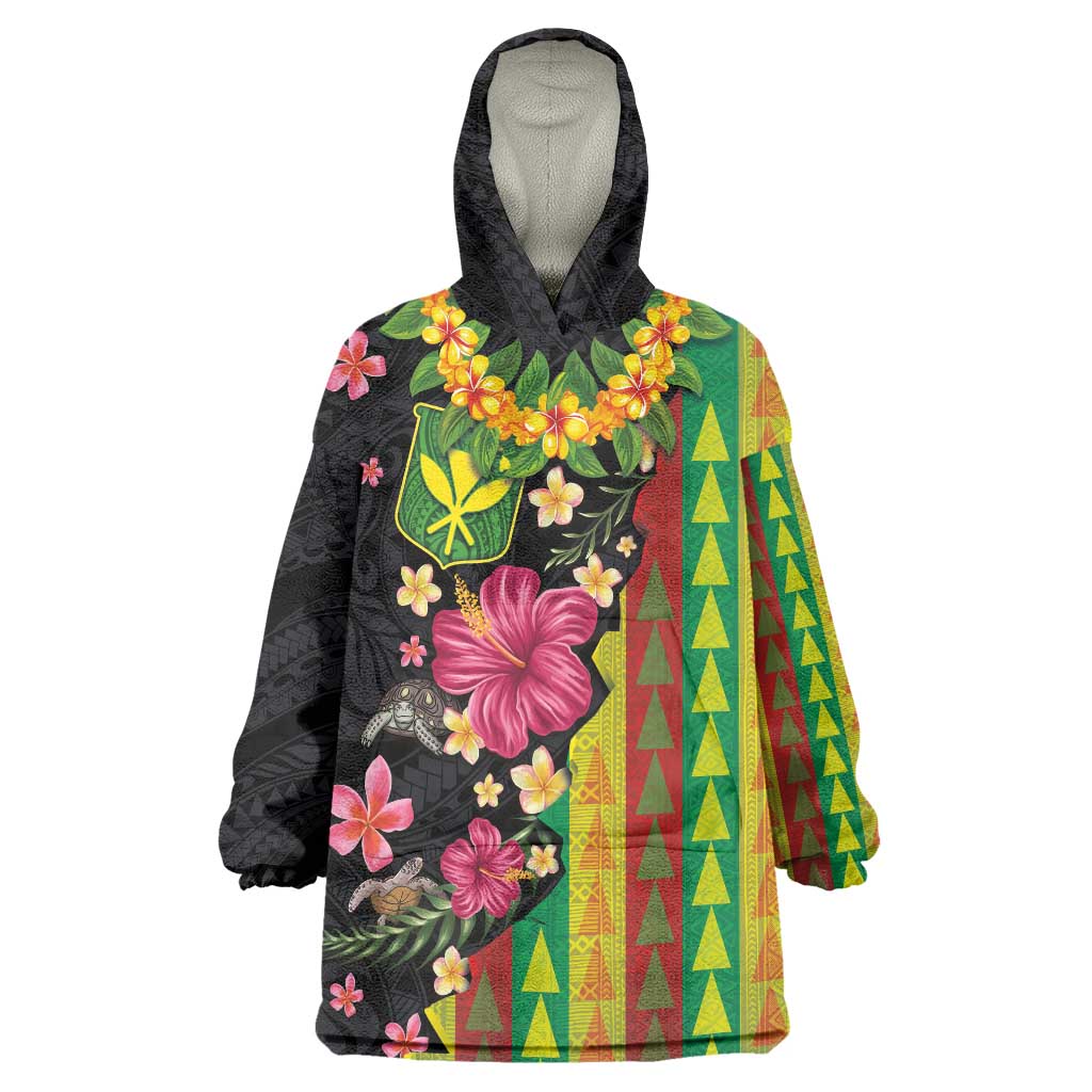Hawaiian Independence Day Wearable Blanket Hoodie Kanaka Maoli Symbols With Tapa Motifs and Tropical Plants LT03 One Size Black - Polynesian Pride