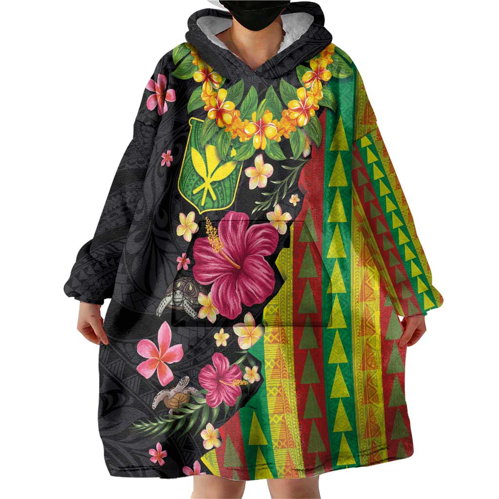 Hawaiian Independence Day Wearable Blanket Hoodie Kanaka Maoli Symbols With Tapa Motifs and Tropical Plants LT03 - Polynesian Pride