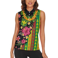 Hawaiian Independence Day Women Sleeveless Polo Shirt Kanaka Maoli Symbols With Tapa Motifs and Tropical Plants LT03 - Polynesian Pride