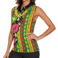 Hawaiian Independence Day Women Sleeveless Polo Shirt Kanaka Maoli Symbols With Tapa Motifs and Tropical Plants LT03 - Polynesian Pride
