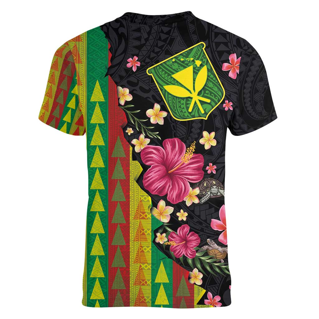 Hawaiian Independence Day Women V-Neck T-Shirt Kanaka Maoli Symbols With Tapa Motifs and Tropical Plants LT03 - Polynesian Pride