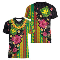 Hawaiian Independence Day Women V-Neck T-Shirt Kanaka Maoli Symbols With Tapa Motifs and Tropical Plants LT03 - Polynesian Pride