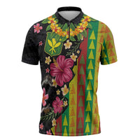 Hawaiian Independence Day Zipper Polo Shirt Kanaka Maoli Symbols With Tapa Motifs and Tropical Plants LT03 Black - Polynesian Pride