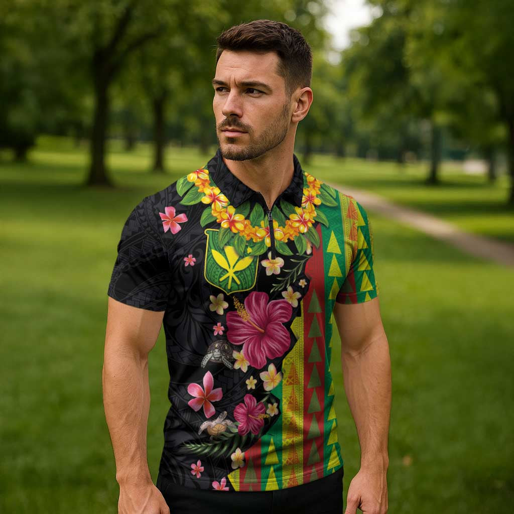 Hawaiian Independence Day Zipper Polo Shirt Kanaka Maoli Symbols With Tapa Motifs and Tropical Plants LT03 - Polynesian Pride