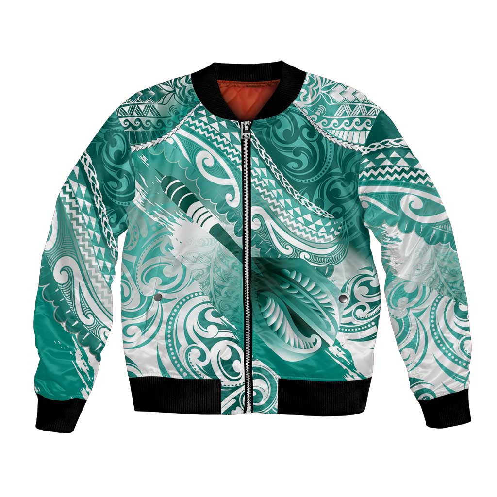 Personalised New Zealand Aotearoa Darts Masters Bomber Jacket Maori Art Tattoo with Tribal Dart Symbol Teal Color LT03 Unisex Teal - Polynesian Pride
