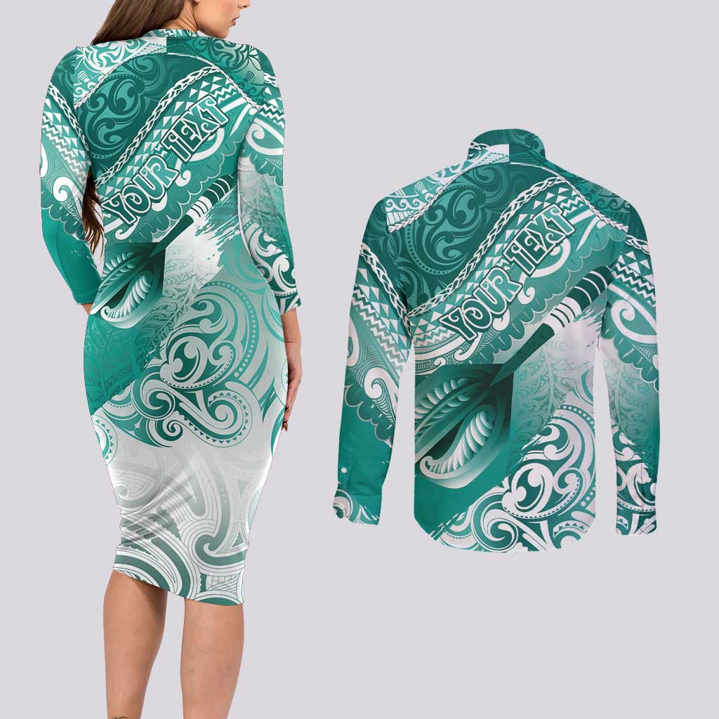 Personalised New Zealand Aotearoa Darts Masters Couples Matching Long Sleeve Bodycon Dress and Long Sleeve Button Shirt Maori Art Tattoo with Tribal Dart Symbol Teal Color - Polynesian Pride