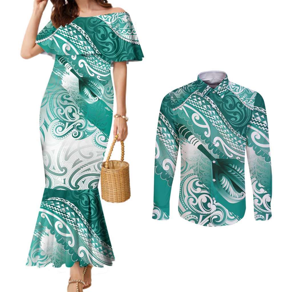Personalised New Zealand Aotearoa Darts Masters Couples Matching Mermaid Dress and Long Sleeve Button Shirt Maori Art Tattoo with Tribal Dart Symbol Teal Color LT03 Teal - Polynesian Pride