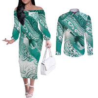Personalised New Zealand Aotearoa Darts Masters Couples Matching Off The Shoulder Long Sleeve Dress and Long Sleeve Button Shirt Maori Art Tattoo with Tribal Dart Symbol Teal Color - Polynesian Pride