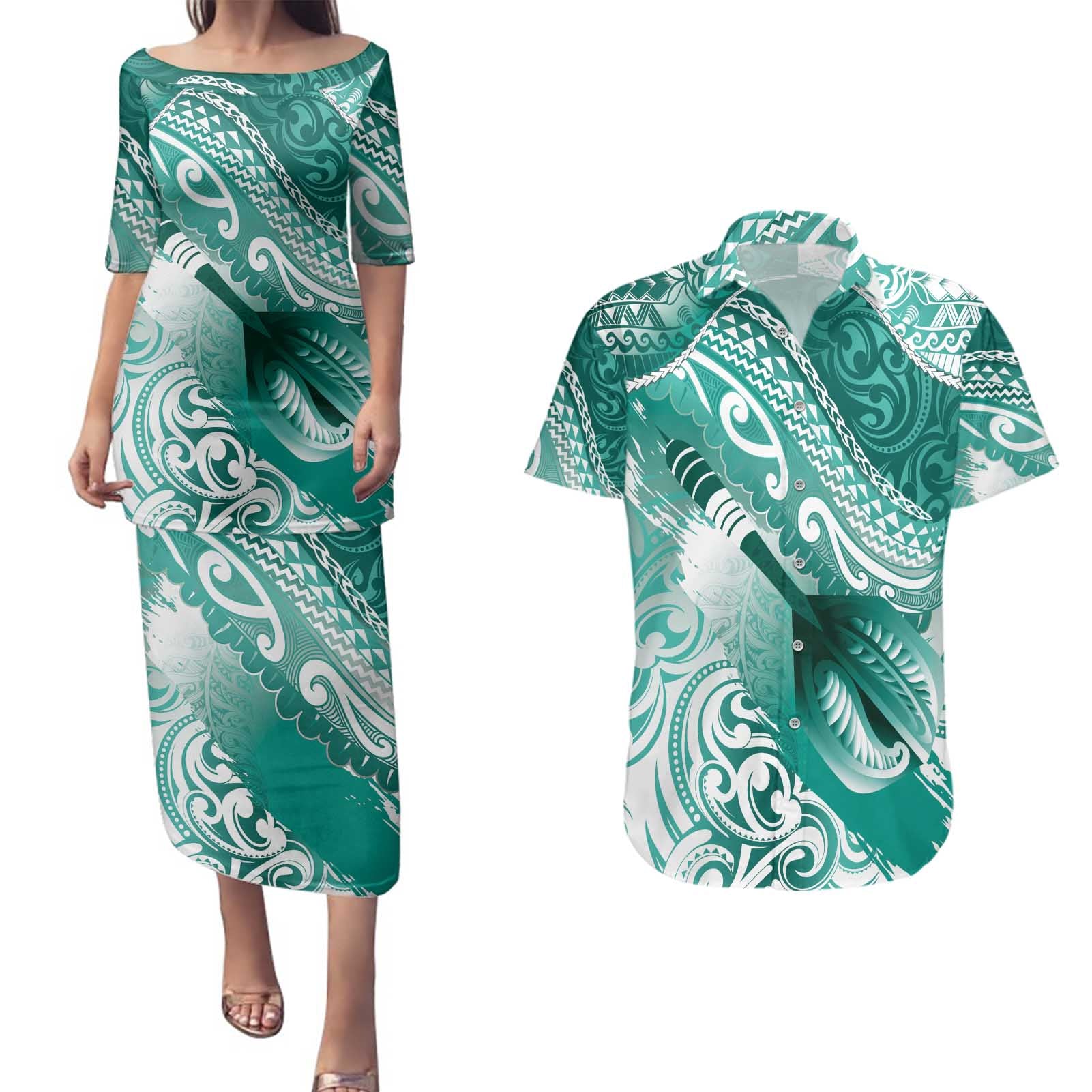 Personalised New Zealand Aotearoa Darts Masters Couples Matching Puletasi and Hawaiian Shirt Maori Art Tattoo with Tribal Dart Symbol Teal Color - Polynesian Pride