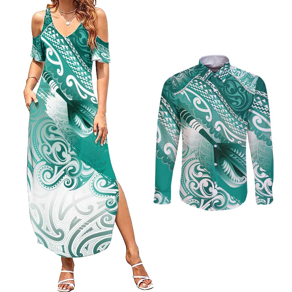 Personalised New Zealand Aotearoa Darts Masters Couples Matching Summer Maxi Dress and Long Sleeve Button Shirt Maori Art Tattoo with Tribal Dart Symbol Teal Color LT03 Teal - Polynesian Pride