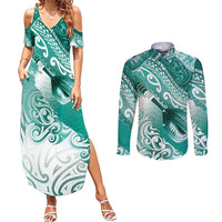 Personalised New Zealand Aotearoa Darts Masters Couples Matching Summer Maxi Dress and Long Sleeve Button Shirt Maori Art Tattoo with Tribal Dart Symbol Teal Color LT03 Teal - Polynesian Pride