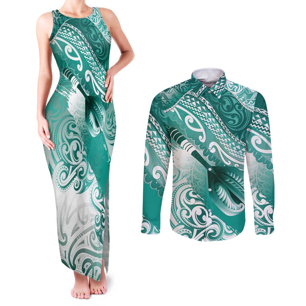 Personalised New Zealand Aotearoa Darts Masters Couples Matching Tank Maxi Dress and Long Sleeve Button Shirt Maori Art Tattoo with Tribal Dart Symbol Teal Color LT03 Teal - Polynesian Pride
