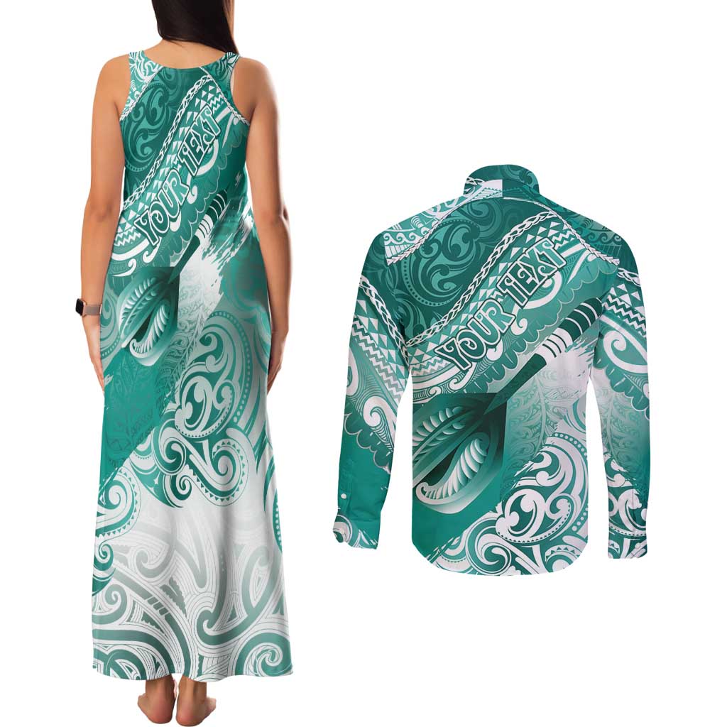Personalised New Zealand Aotearoa Darts Masters Couples Matching Tank Maxi Dress and Long Sleeve Button Shirt Maori Art Tattoo with Tribal Dart Symbol Teal Color LT03 - Polynesian Pride