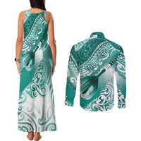 Personalised New Zealand Aotearoa Darts Masters Couples Matching Tank Maxi Dress and Long Sleeve Button Shirt Maori Art Tattoo with Tribal Dart Symbol Teal Color LT03 - Polynesian Pride