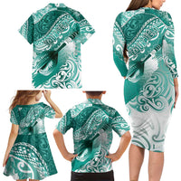 Personalised New Zealand Aotearoa Darts Masters Family Matching Long Sleeve Bodycon Dress and Hawaiian Shirt Maori Art Tattoo with Tribal Dart Symbol Teal Color LT03 - Polynesian Pride