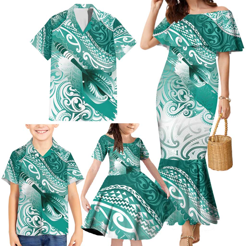 Personalised New Zealand Aotearoa Darts Masters Family Matching Mermaid Dress and Hawaiian Shirt Maori Art Tattoo with Tribal Dart Symbol Teal Color LT03 - Polynesian Pride