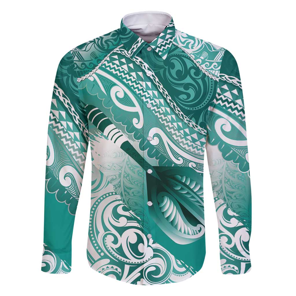 Personalised New Zealand Aotearoa Darts Masters Family Matching Mermaid Dress and Hawaiian Shirt Maori Art Tattoo with Tribal Dart Symbol Teal Color LT03 Dad's Shirt - Long Sleeve Teal - Polynesian Pride