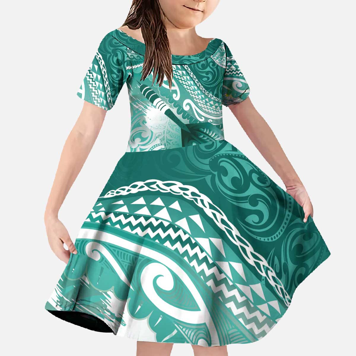 Personalised New Zealand Aotearoa Darts Masters Family Matching Off The Shoulder Long Sleeve Dress and Hawaiian Shirt Maori Art Tattoo with Tribal Dart Symbol Teal Color LT03 Daughter's Dress Teal - Polynesian Pride