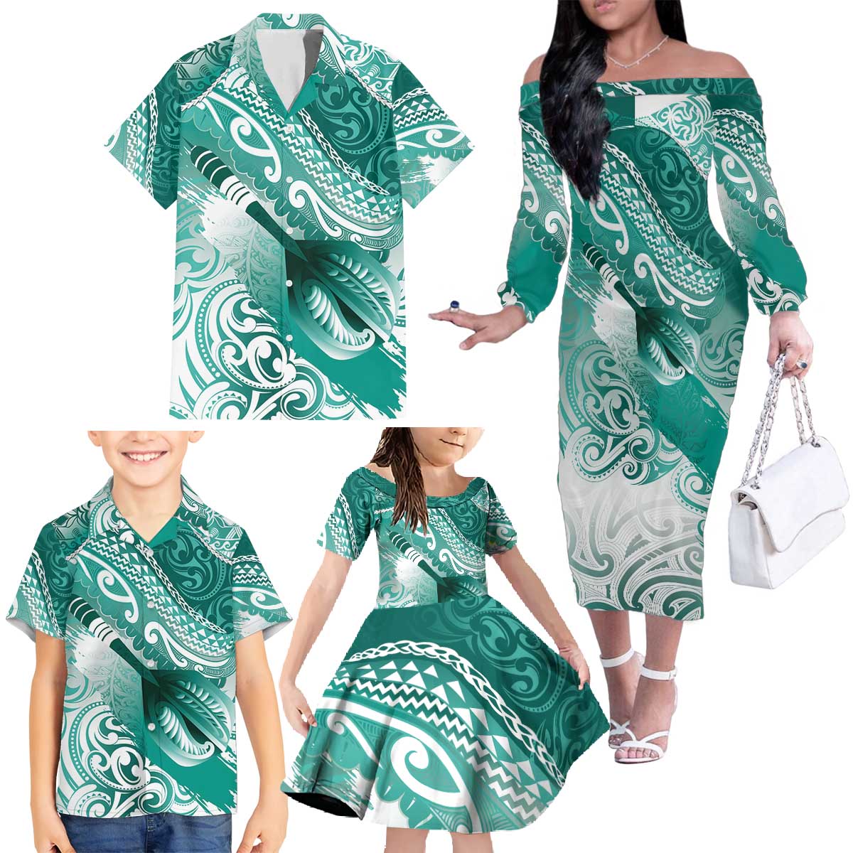 Personalised New Zealand Aotearoa Darts Masters Family Matching Off The Shoulder Long Sleeve Dress and Hawaiian Shirt Maori Art Tattoo with Tribal Dart Symbol Teal Color LT03 - Polynesian Pride