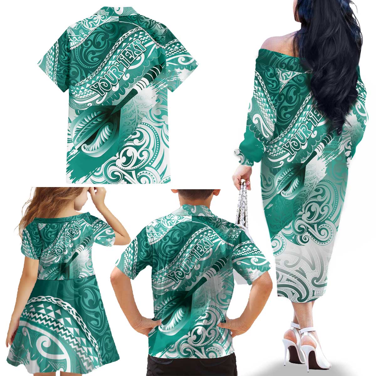 Personalised New Zealand Aotearoa Darts Masters Family Matching Off The Shoulder Long Sleeve Dress and Hawaiian Shirt Maori Art Tattoo with Tribal Dart Symbol Teal Color LT03 - Polynesian Pride